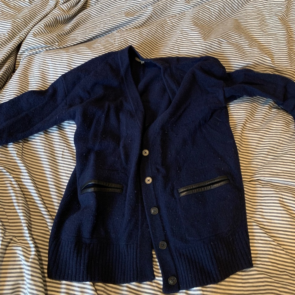 Madewell Navy Wool Leather Elbow Patch Cardigan S